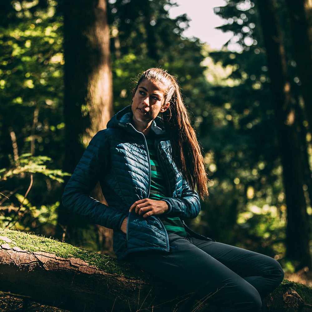 Isobaa | Womens Merino Wool Insulated Jacket (Petrol/Sky) | Innovative and sustainable design with our Merino jacket. | Model: Jess
