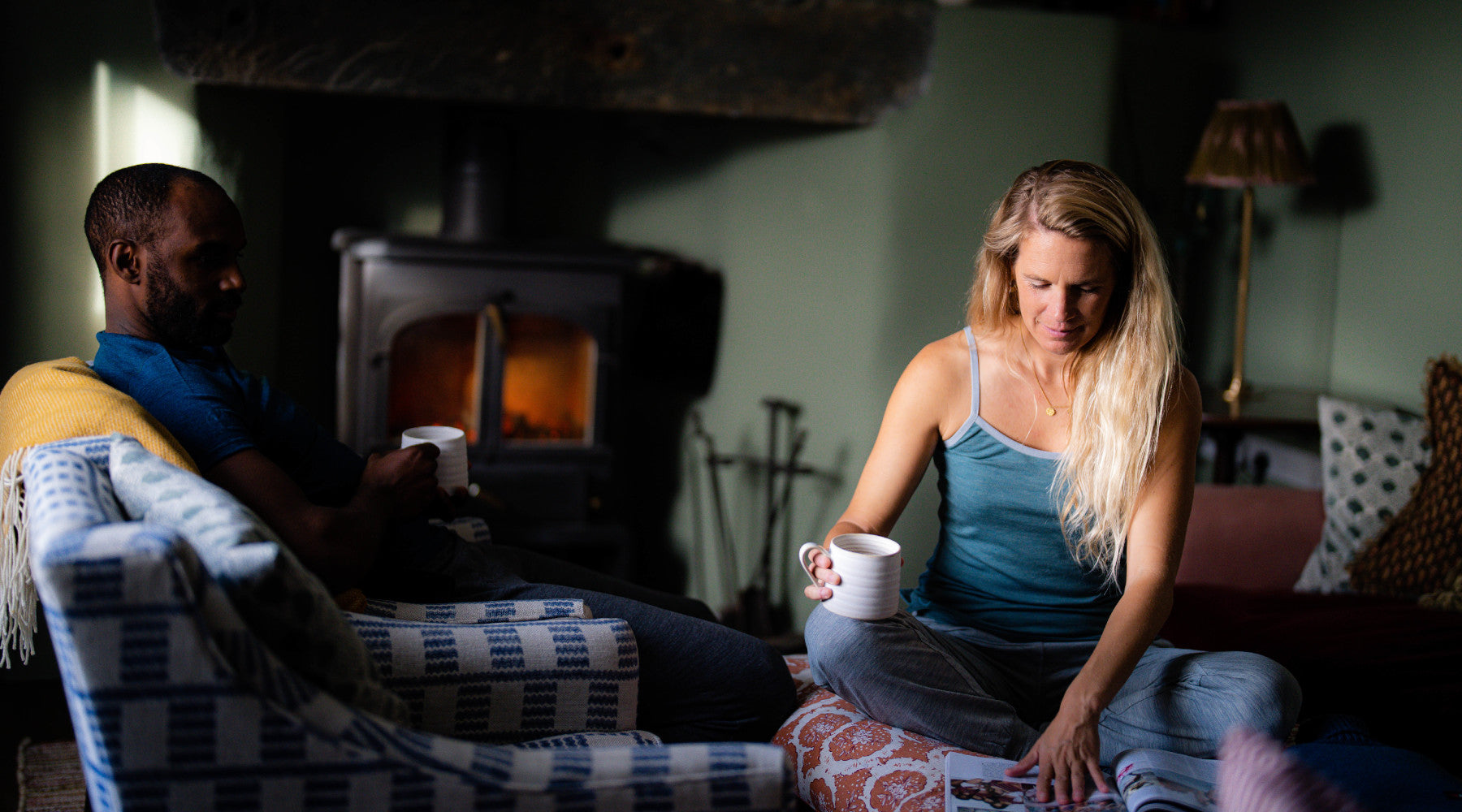 Isobaa Merino 160 PJ Cami and 200 PJ Joggers and 160 PJ T-Shirt - enjoying warm cups of tea by the fire
