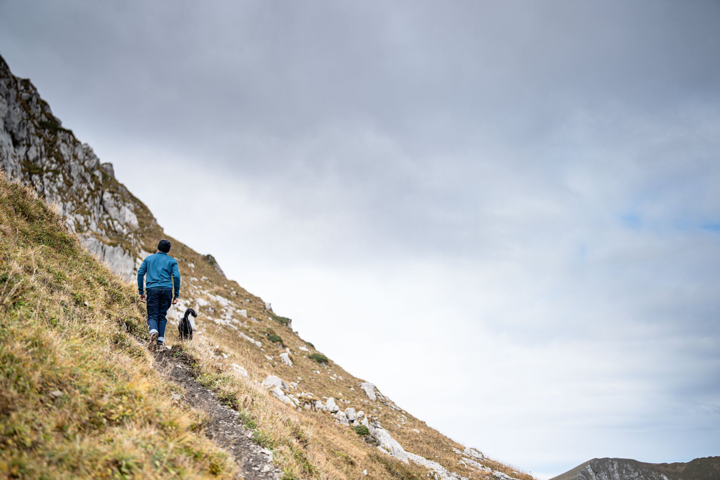 A hiker wearing Merino wool fleece walking up mountain trail with dog