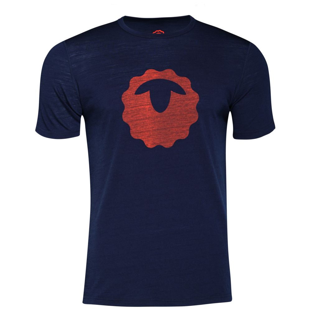Isobaa | Mens Merino 150 Emblem Tee (Navy/Orange) | Conquer trails and city streets in comfort with Isobaa's superfine Merino T-Shirt.