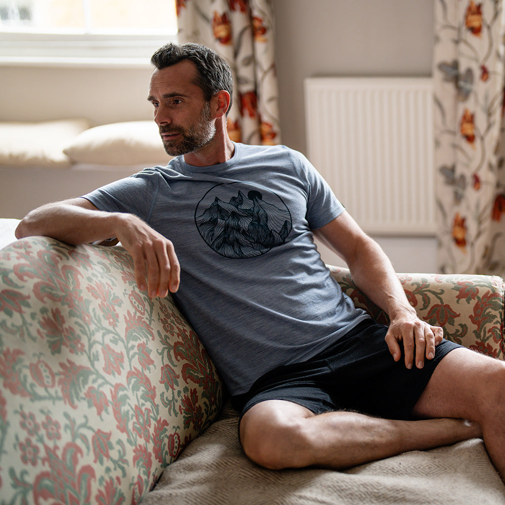Isobaa | Mens Merino 150 Mountains Tee (Sky/Petrol) | Gear up for adventure with our superfine Merino Tee.