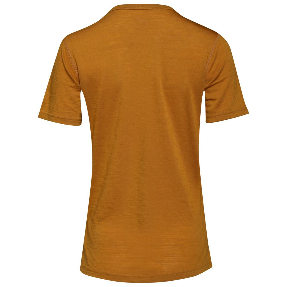 Isobaa | Womens Merino 150 Emblem Tee (Mustard/Navy) | Conquer trails and city streets in comfort with Isobaa's superfine Merino T-Shirt.