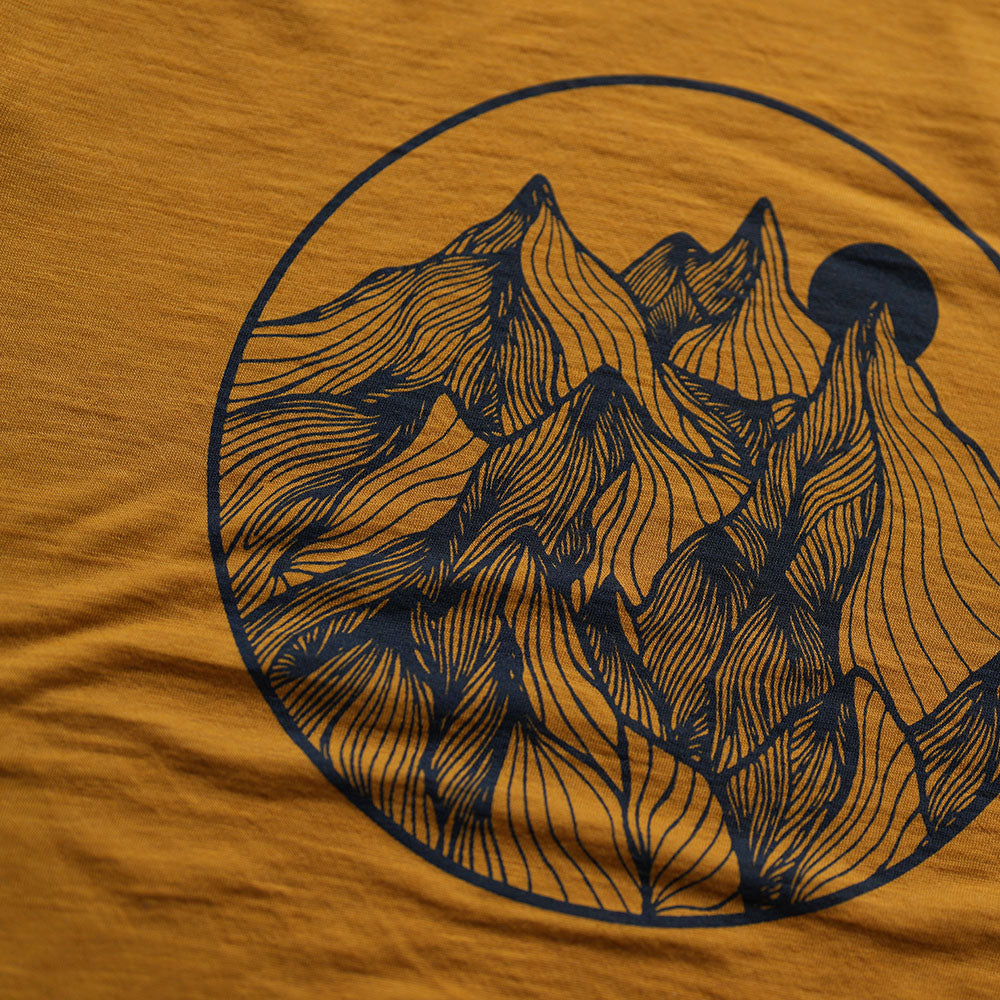 Isobaa | Womens Merino 150 Mountains Tee (Mustard/Navy) | Gear up for adventure with our superfine Merino Tee.