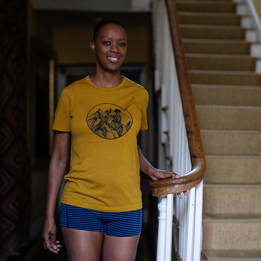 Isobaa | Womens Merino 150 Mountains Tee (Mustard/Navy) | Gear up for adventure with our superfine Merino Tee.