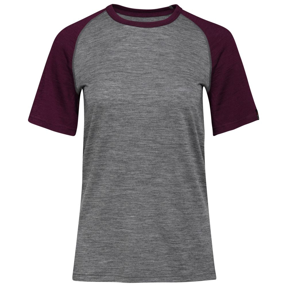 Isobaa | Womens Merino 150 Raglan Baseball Tee (Charcoal/Wine) | Layer for adventure with Isobaa's superfine Merino Tee.