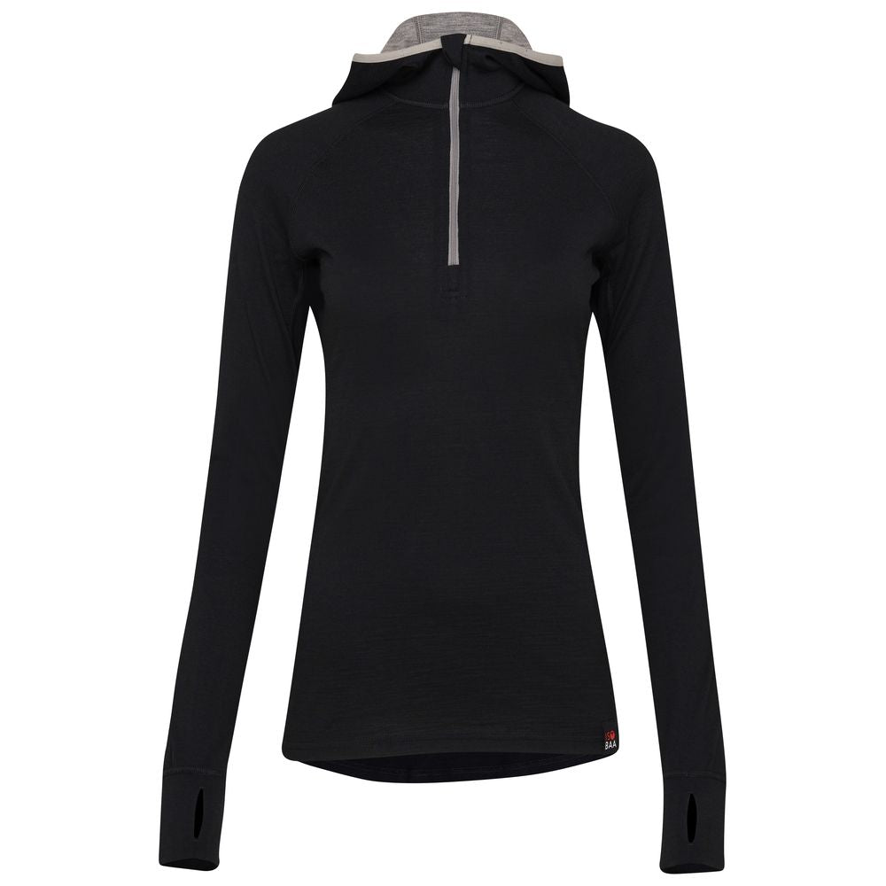 Isobaa | Womens Merino 200 Zip Neck Hoodie (Black) | The ultimate 200gm Merino wool hoodie.