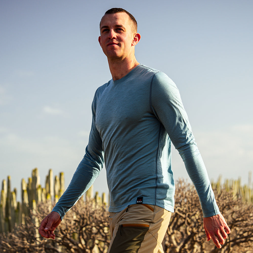 Mens 120 Ultrafine LS Crew (Lagoon) | Model: Barnaby