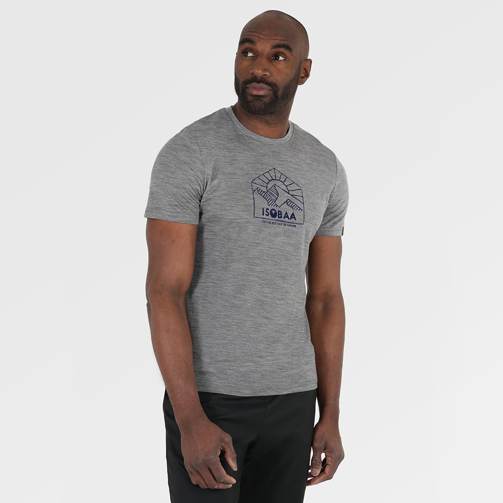 Mens Merino 150 Sketched Sunset Tee (Charcoal/Navy) | Model: Michael