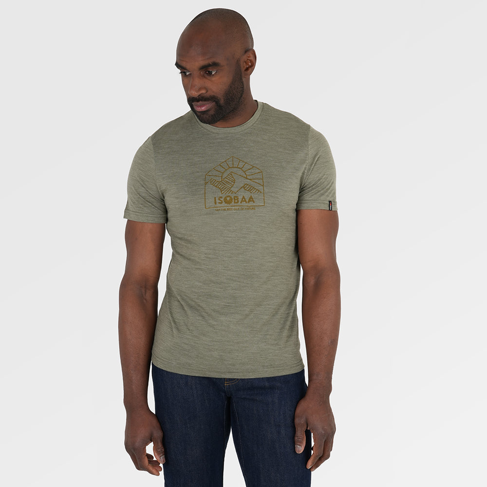 Mens Merino 150 Sketched Sunset Tee (Olive/Dull Gold) | Model: Michael