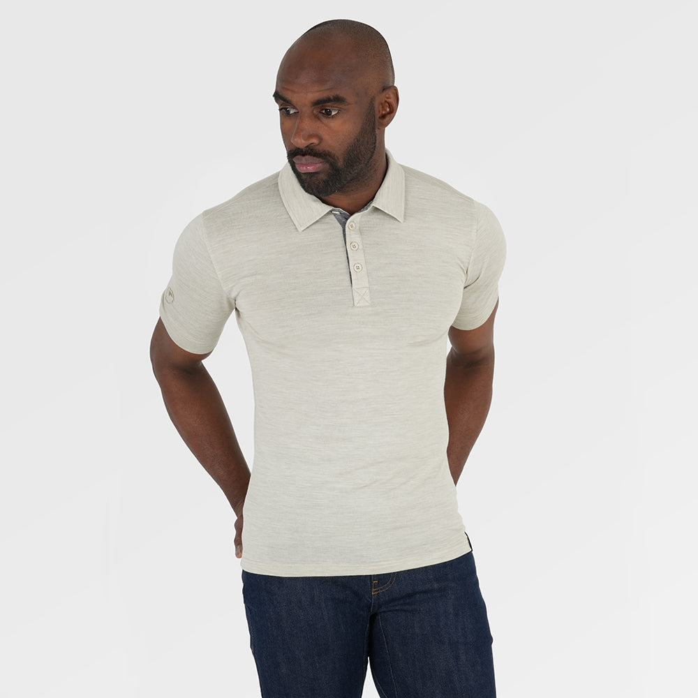 Mens Merino 180 Short Sleeve Polo Shirt (Jute Melange/Charcoal) | Model: Michael
