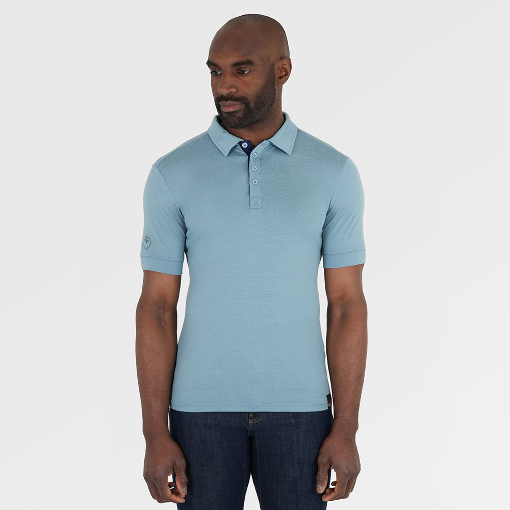 Mens Merino 180 Short Sleeve Polo Shirt (Lagoon/Navy) | Model: Michael