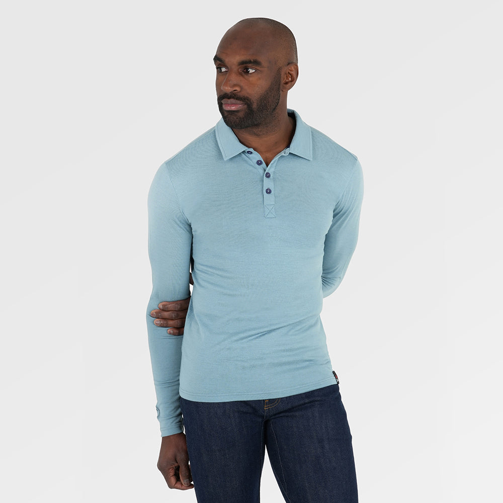 Mens Merino 200 Long Sleeve Polo Shirt (Lagoon) | Model: Michael