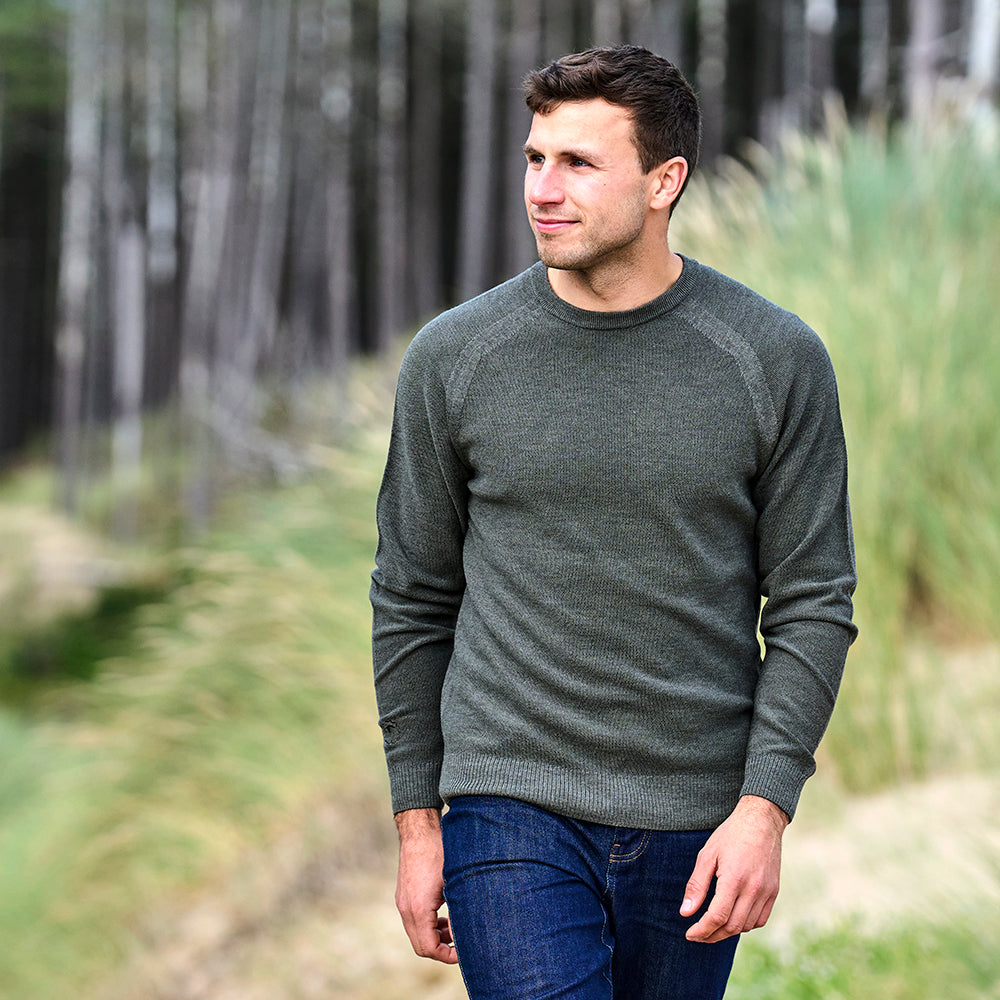 Mens Cinder Merino Moss Stitch Crew Sweater (Dark Olive) | Model: James