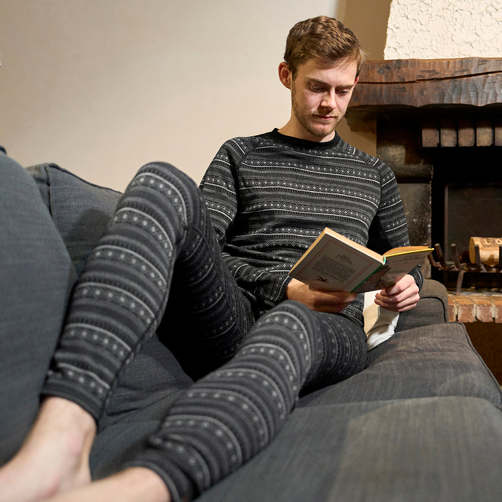 Mens Merino Blend 250 Fairisle Jacquard Long Sleeve Crew (Black/Smoke/Charcoal) | Model: Joss