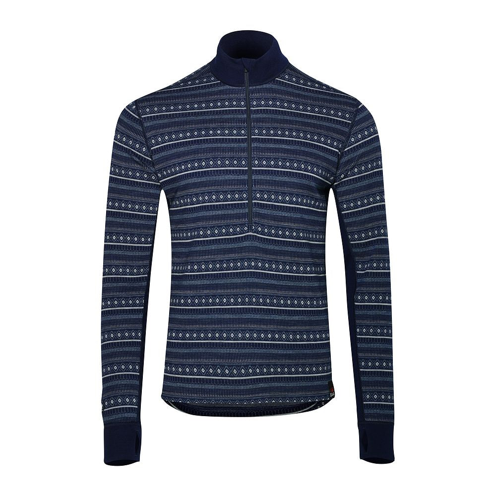 Mens Merino Blend 250 Fairisle Jacquard Long Sleeve Zip Neck (Navy/Denim/Cloud)