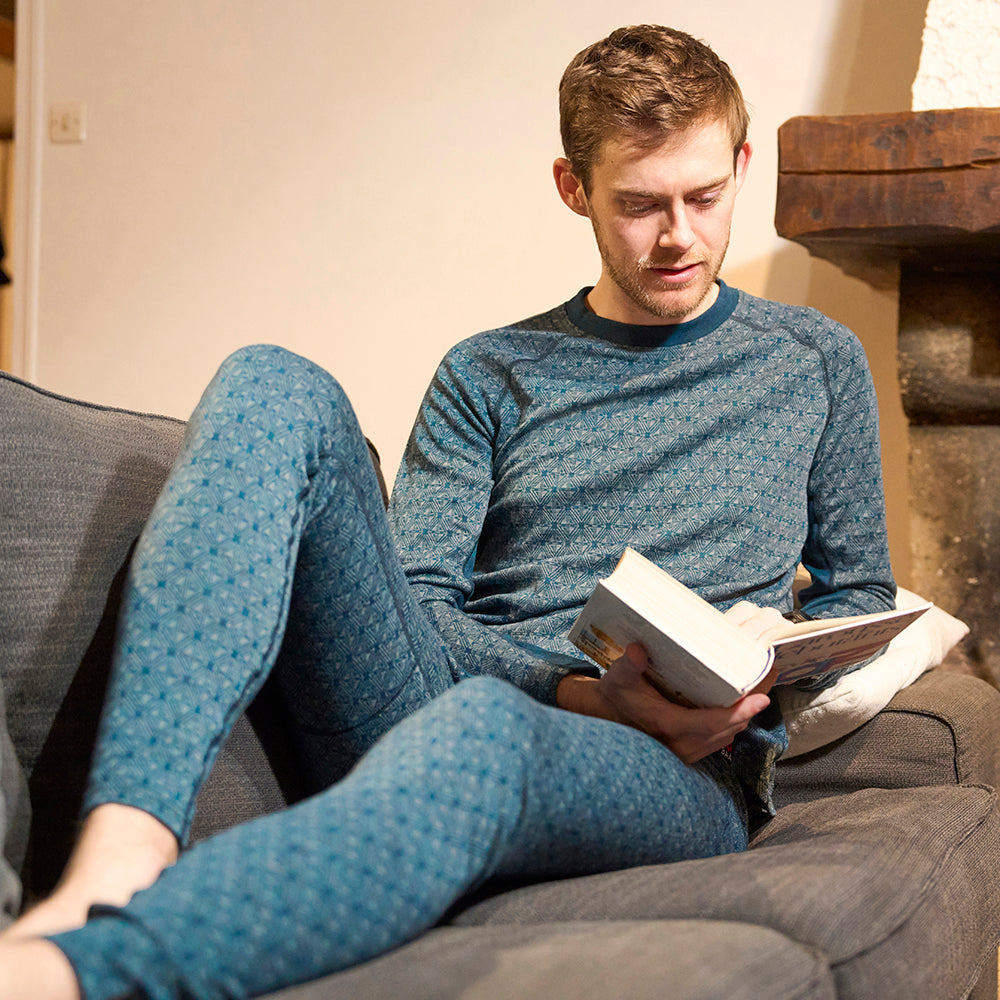 Mens Merino Blend 250 Geometric Jacquard Long Sleeve Crew (Petrol/Ocean) | Model: Joss