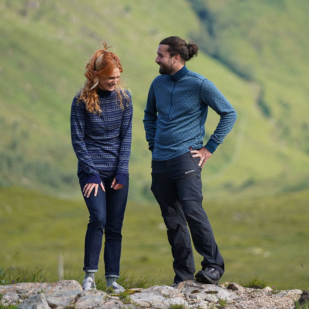 Mens Merino Blend 250 Geometric Jacquard Long Sleeve Zip Neck (Petrol/Ocean) | Model: Seb