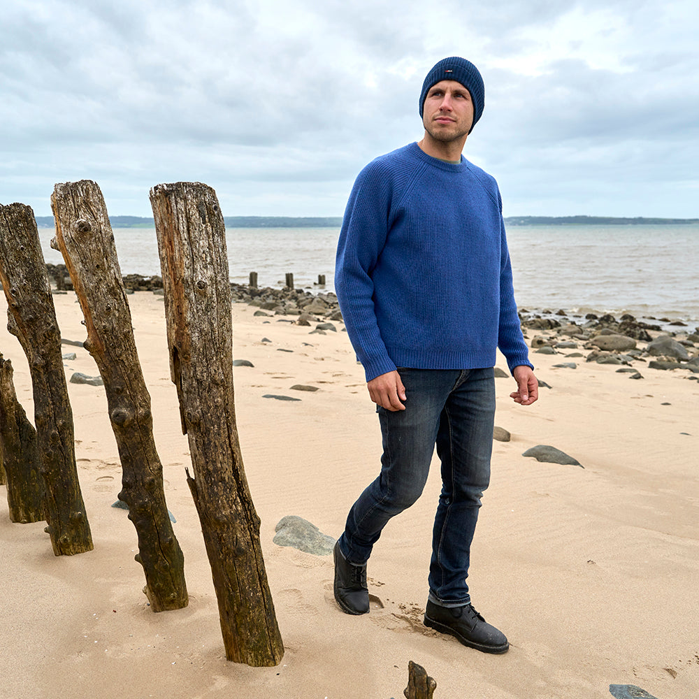 Mens Herdwick Merino Crew Sweater (Denim) | Model: James
