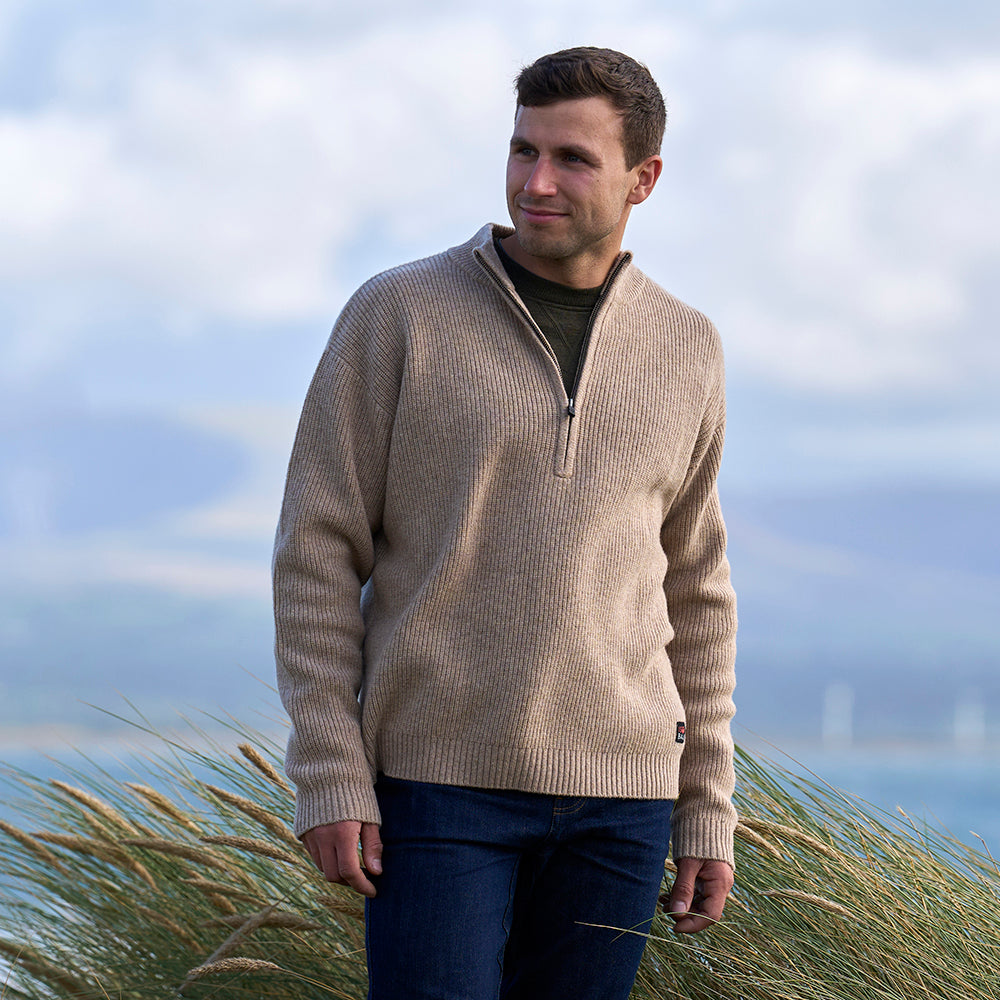 Mens Herdwick Merino Half Zip Sweater (Natural) | Model: James