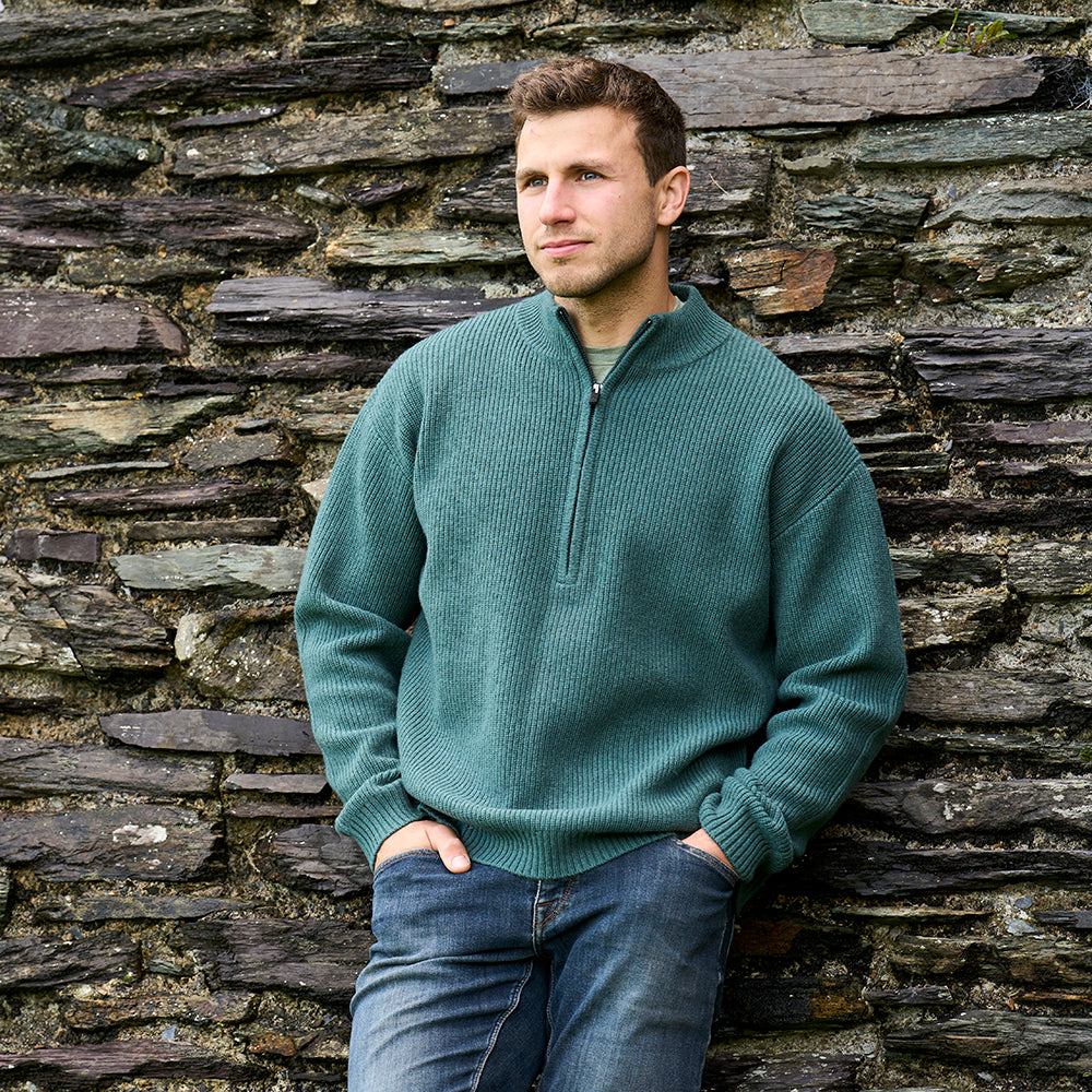 Mens Herdwick Merino Half Zip Sweater (Sea Green) | Model: James