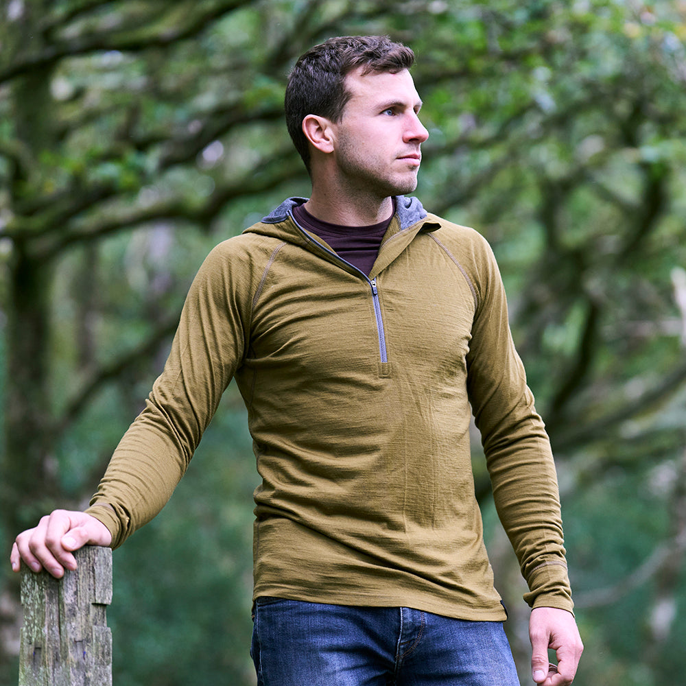 Mens Merino 200 Zip Neck Hoodie (Dull Gold) | Model: James