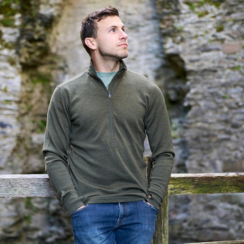 Mens Merino 320 Long Sleeve Half Zip (Dark Olive) | Model: James
