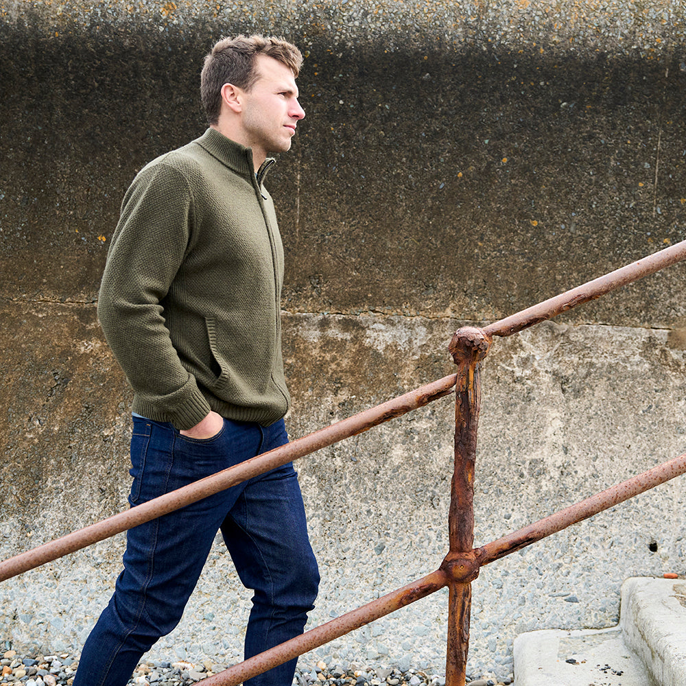 Mens Oaken Merino Full Zip Sweater (Dark Olive) | Model: James