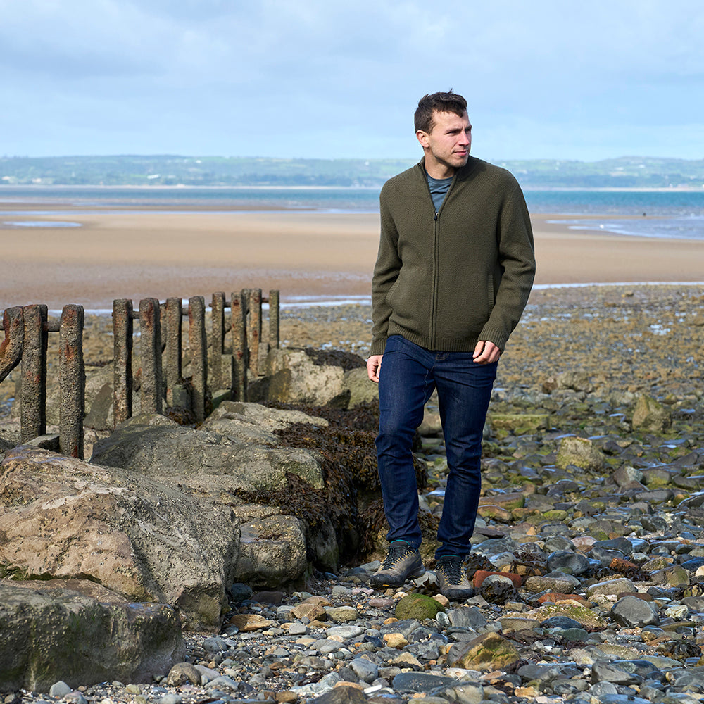 Mens Oaken Merino Full Zip Sweater (Dark Olive) | Model: James