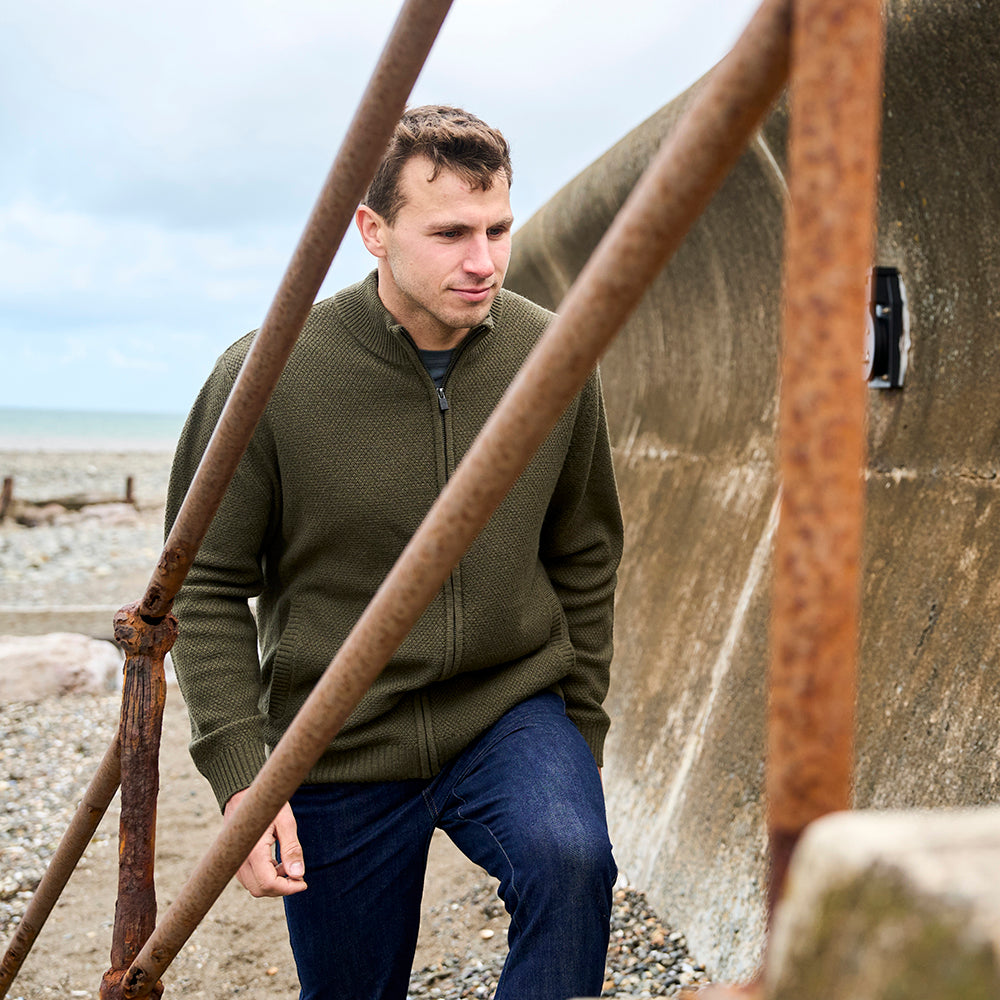 Mens Oaken Merino Full Zip Sweater (Dark Olive) | Model: James