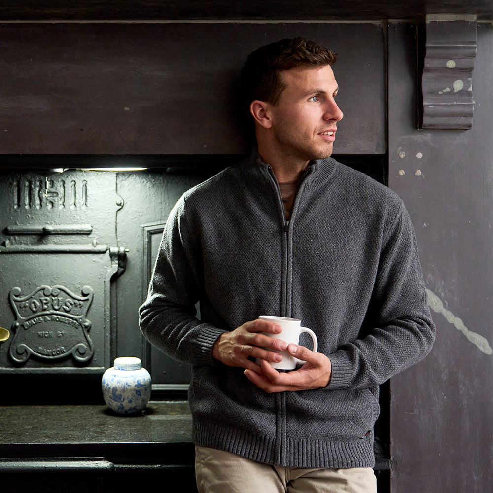 Mens Oaken Merino Full Zip Sweater (Grey) | Model: James