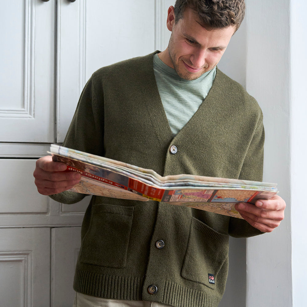 Mens Rove Merino Cardigan (Dark Olive) | Model: James