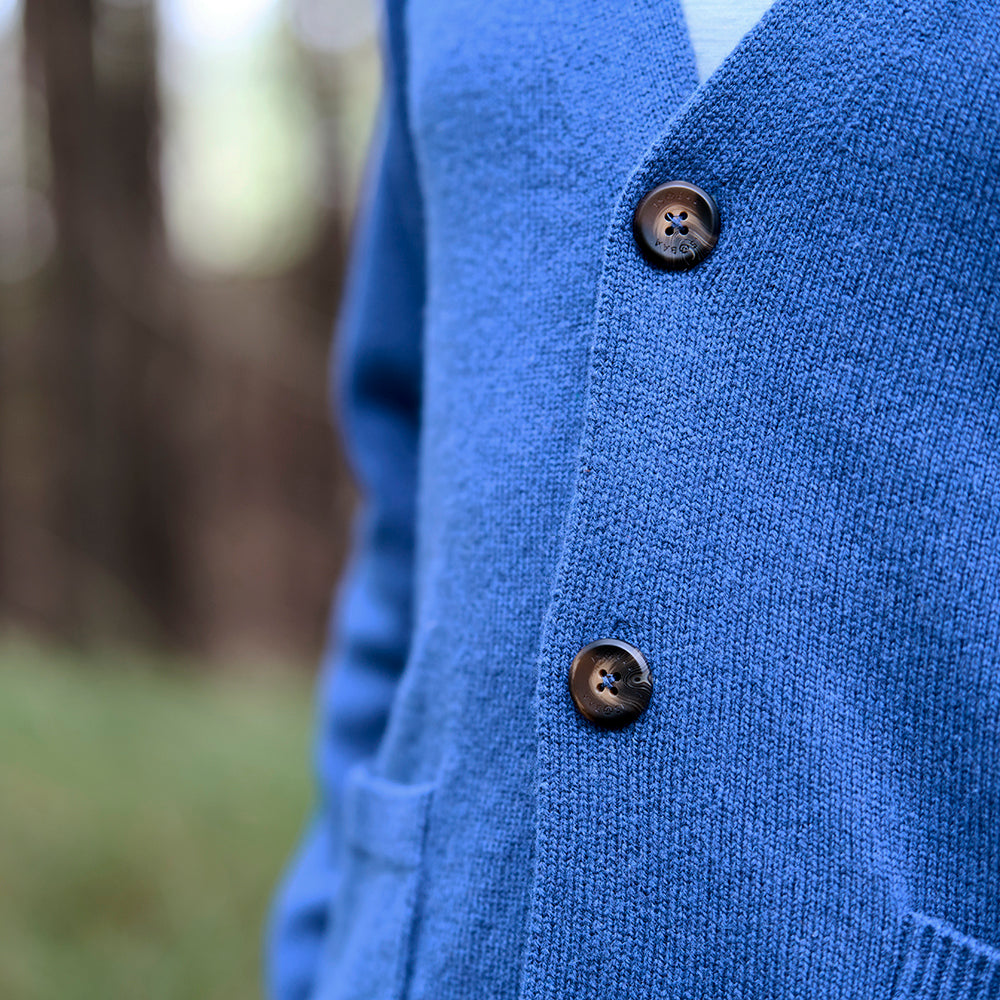 Mens Rove Merino Cardigan (Denim) | Model: James