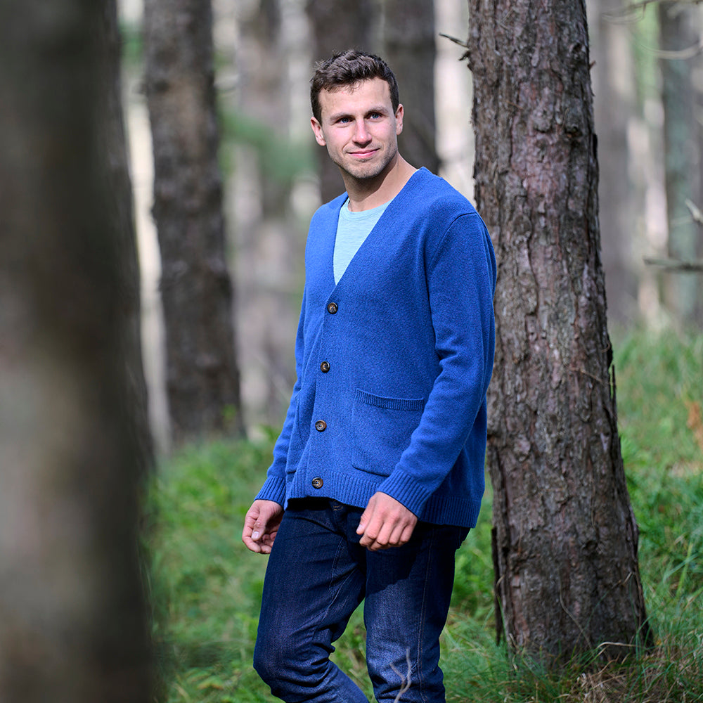 Mens Rove Merino Cardigan (Denim) | Model: James