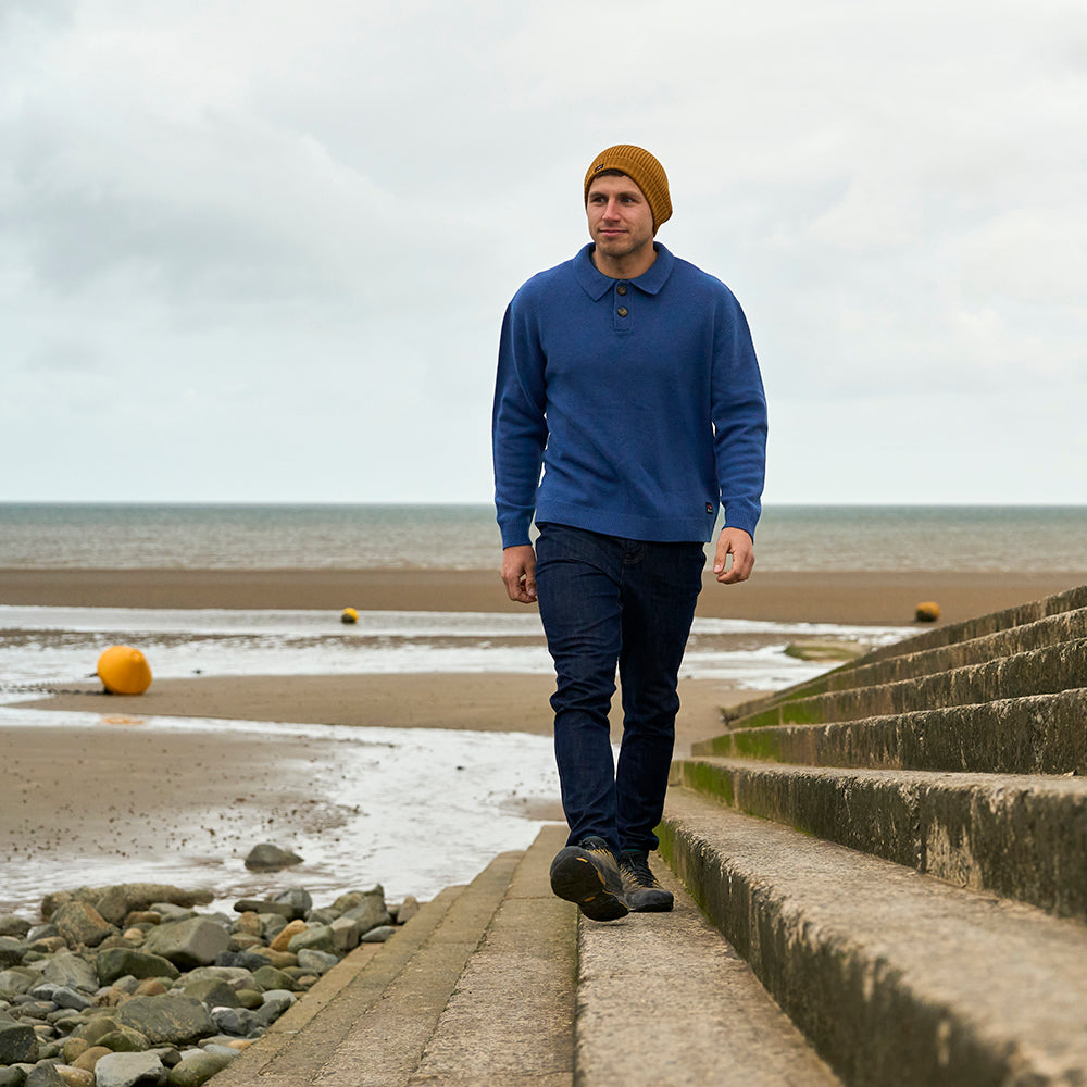 Mens Solace Merino Polo Sweater (Denim) | Model: James
