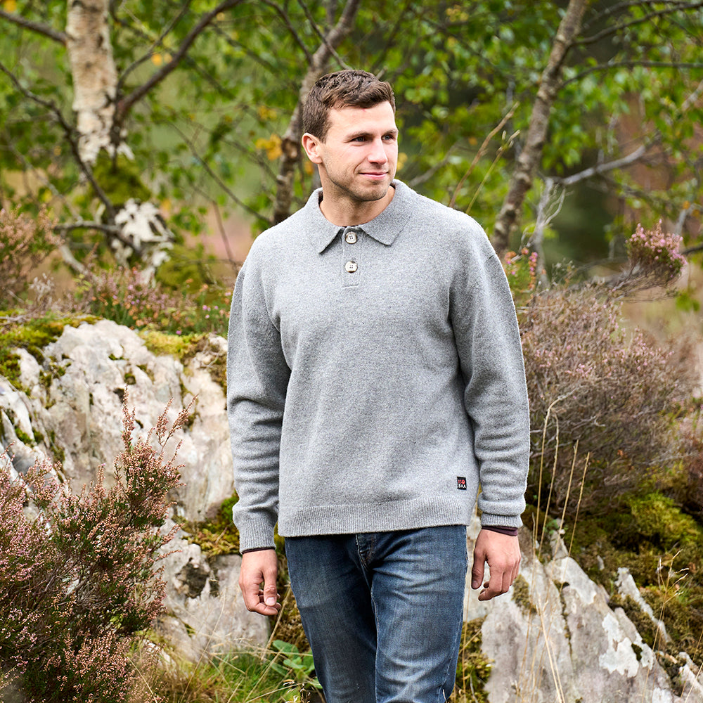 Mens Solace Merino Polo Sweater (Heather) | Model: James