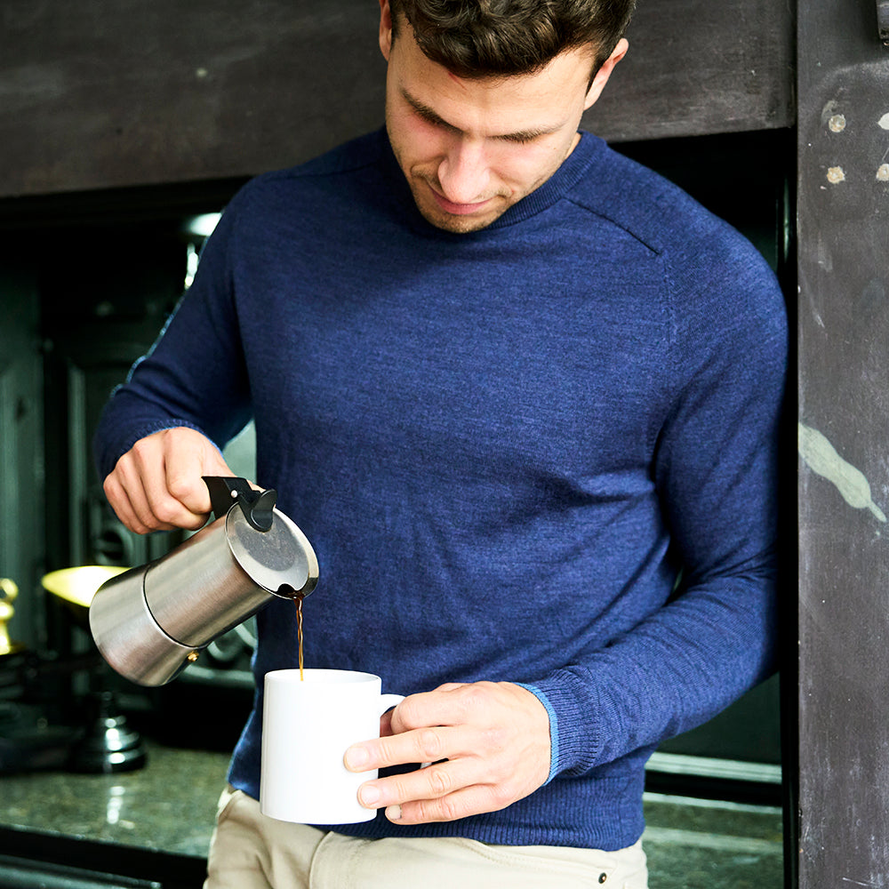 Mens Woolsey Merino Crew Sweater (Dark Denim/Denim) | Model: James