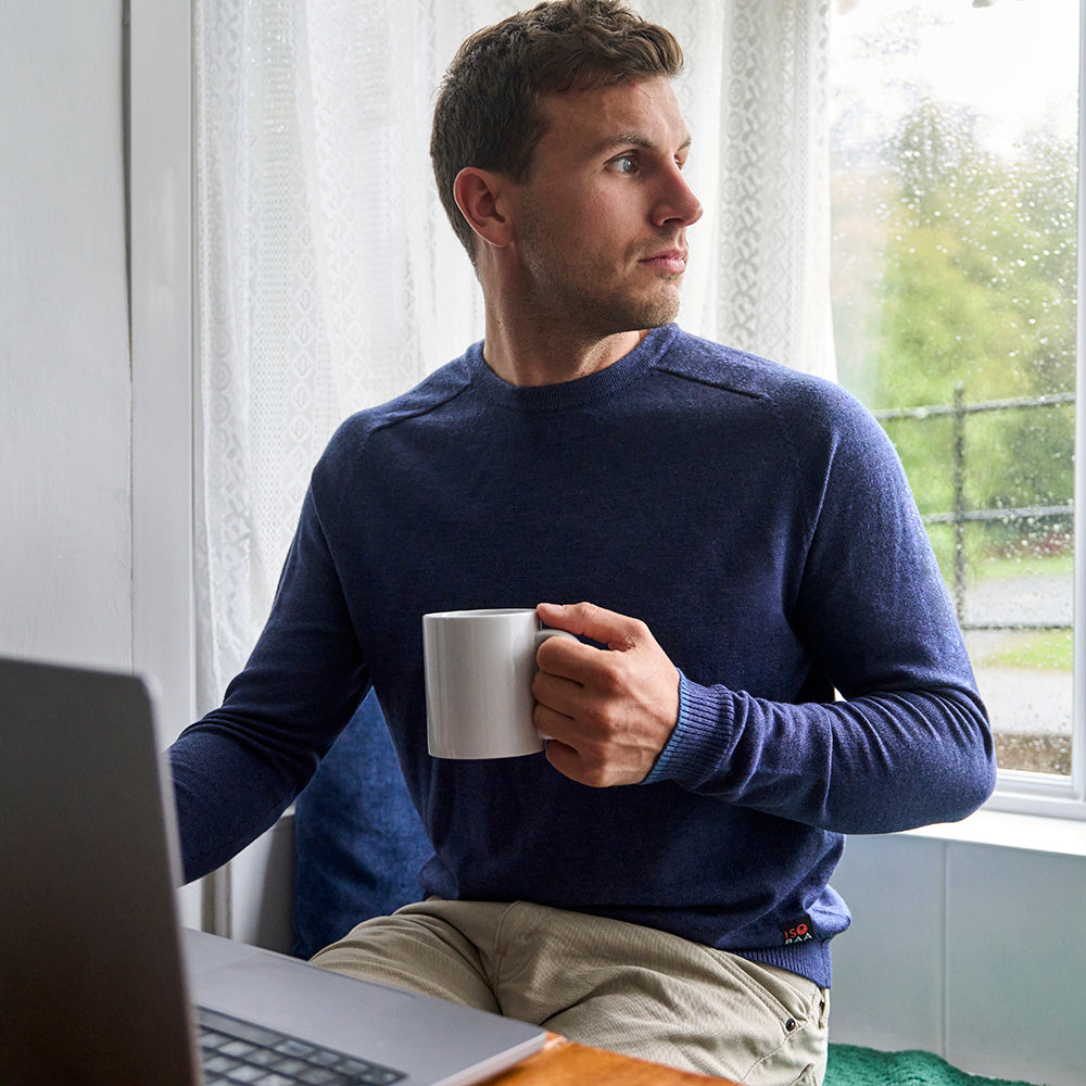 Mens Woolsey Merino Crew Sweater (Dark Denim/Denim) | Model: James