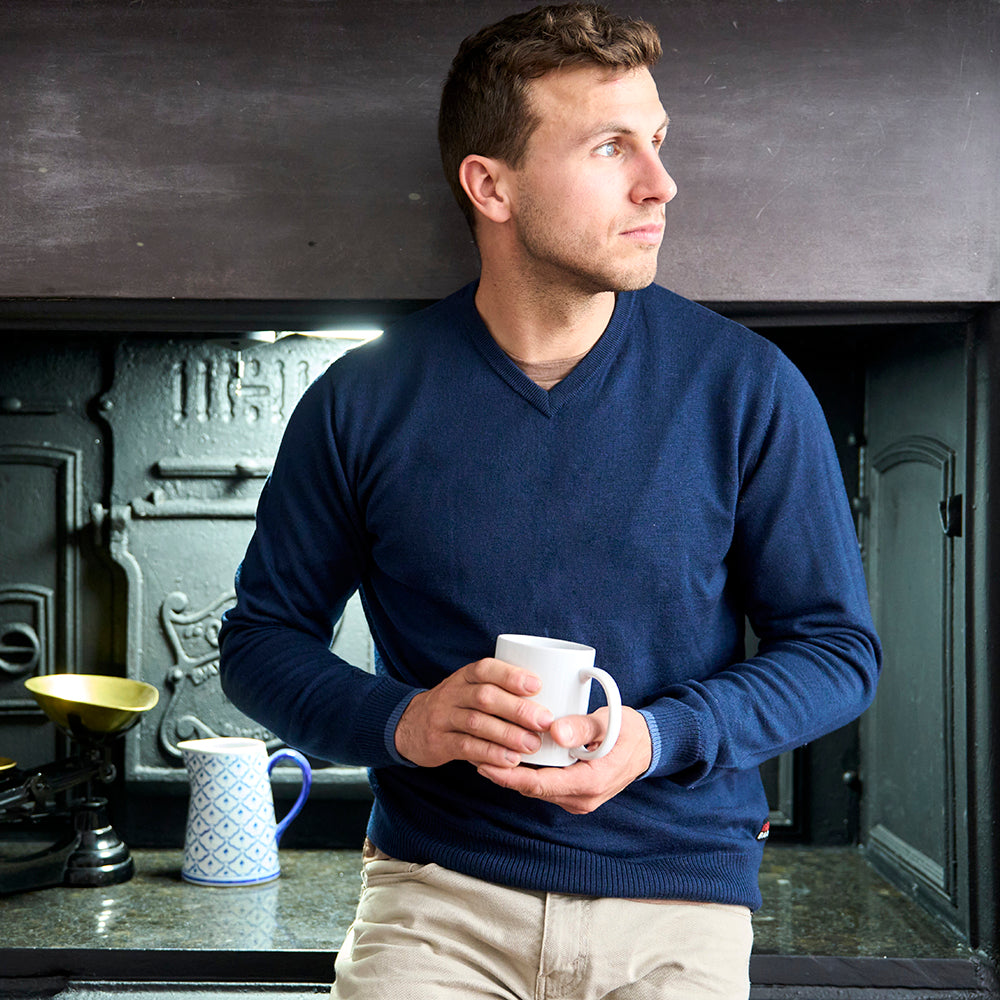Mens Woolsey Merino V-Neck Sweater (Navy) | Model: James