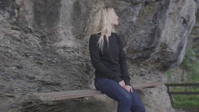 Isobaa | Womens 160 Merino Active Long Sleeve Crew (Black) | Elevate your active wardrobe with our Women's 160 Merino Active Long Sleeve Crew, expertly crafted from 160g 18.5 micron superfine merino wool | align: 55% 20% | Model: Estelle