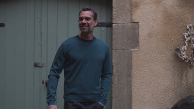 Isobaa | Mens Merino V Neck Sweater (Petrol/Sky) | Stay comfortable on the go with our V-neck sweater crafted from superfine Merino wool. | align: 45% 50% | Model: Ben