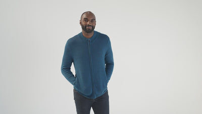 Mens Merino Zip Cardigan (Petrol) | align: 45% 50% | Model: Michael