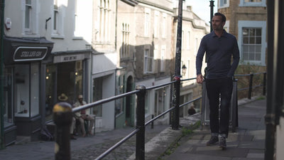 Isobaa | Mens Merino 200 Long Sleeve Polo Shirt (Denim/Navy) | Discover unmatched comfort with our 200gm Merino wool polo. | align: 85% 50% | Model: Ben