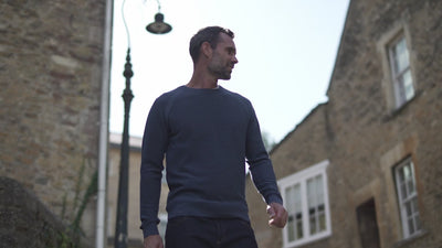 Isobaa | Mens Merino Moss Stitch Sweater (Denim/Navy) | Discover timeless style and outdoor-ready comfort with our extrafine Merino wool crew neck sweater. | align: 55% 50% | Model: Ben
