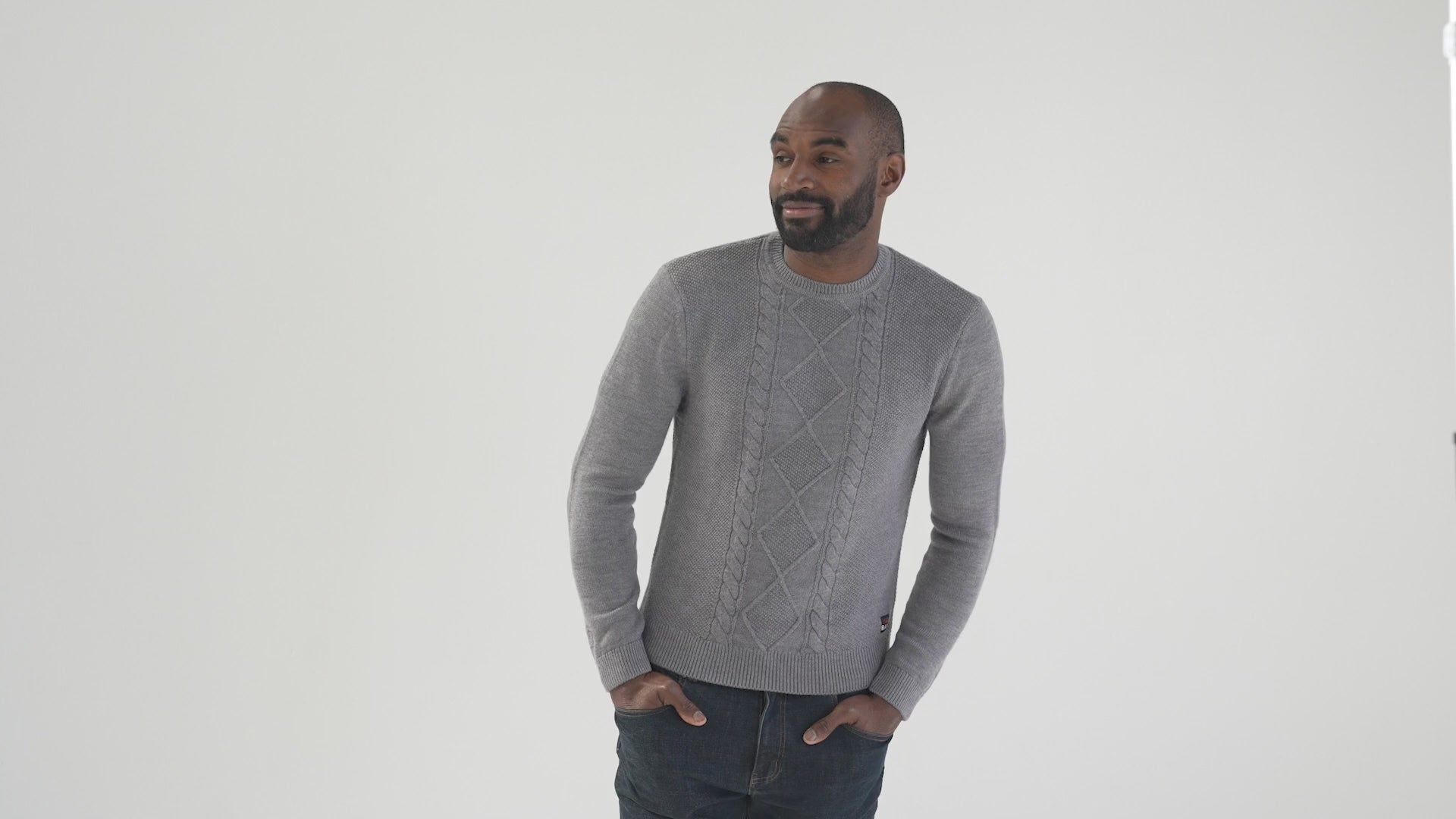 Mens Merino Cable Sweater (Charcoal) | Model: Michael