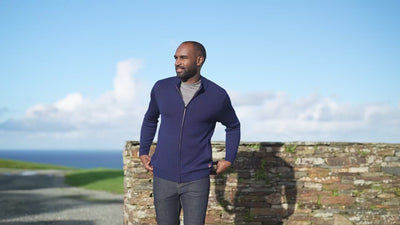 Isobaa | Mens Merino Zip Sweater (Navy) | Discover exceptional warmth, comfort, and everyday versatility with our extrafine Merino wool sweater. | align: 55% 50% | Model: Michael