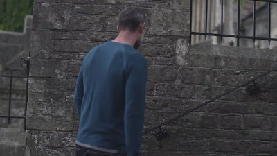 Isobaa | Mens Merino Moss Stitch Sweater (Petrol/Charcoal) | Discover timeless style and outdoor-ready comfort with our extrafine Merino wool crew neck sweater. | align: 30% 50% | Model: Ben