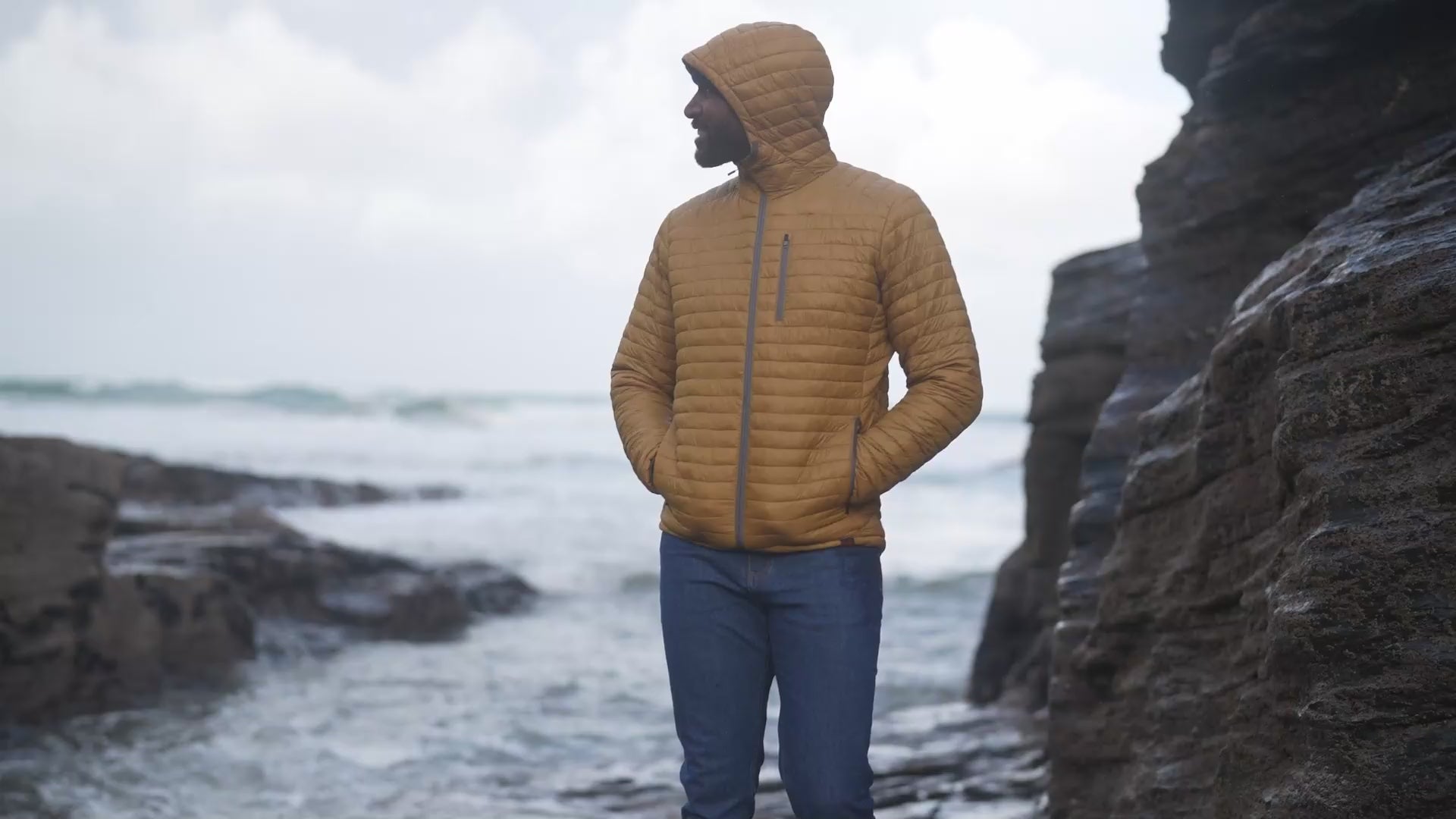 Isobaa | Mens Merino Wool Insulated Jacket (Mustard/Smoke) | Innovative and sustainable design with our Merino jacket. | align: 55% 40% | Model: Michael