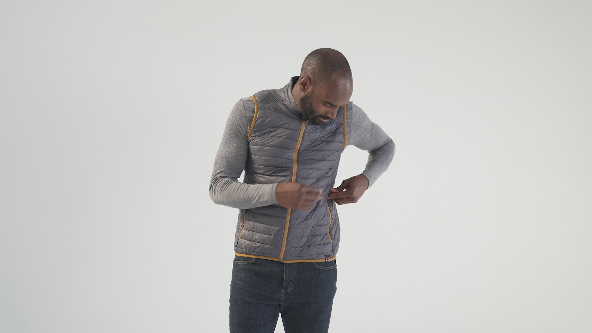 Mens Merino Wool Insulated Gilet (Smoke/Mustard) | align: 45% 50% | Model: Michael