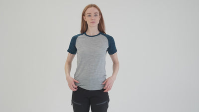 Womens Merino 150 Raglan Baseball Tee (Cloud/Petrol) | align: 45% 50% | Model: Sophie