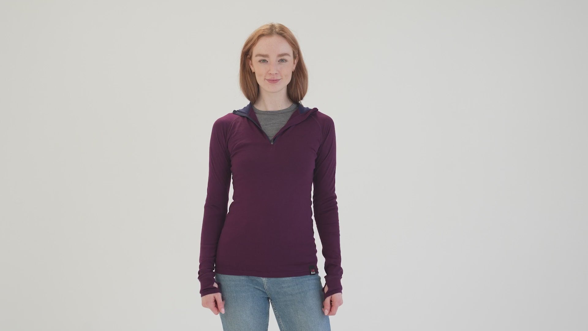 Womens Merino 200 Zip Neck Hoodie (Wine) | align: 45% 50% | Model: Sophie